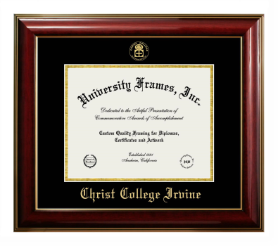 Christ College Irvine Diploma Frame in Classic Mahogany with Gold Trim with Black & Gold Mats for document: 8 1/2"h x 11"w  