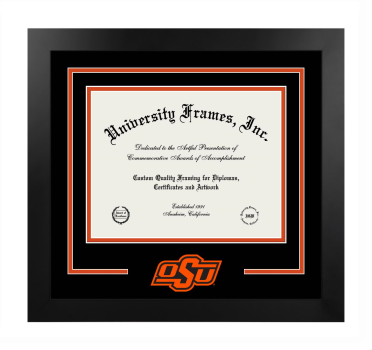 Oklahoma State University College of Veterinary Medicine Logo Mat Frame in Manhattan Black with Black & Orange Mats for document: 8 1/2"h x 11"w  