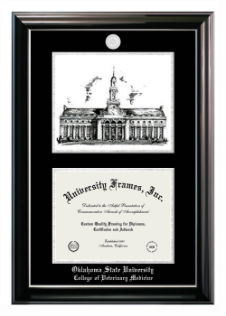 Oklahoma State University College of Veterinary Medicine Double Opening with Campus Image (Stacked) Frame in Classic Ebony with Silver Trim with Black & Silver Mats for document: 8 1/2"h x 11"w  