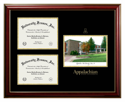 Appalachian State University Triple Opening with Campus Image Frame in Classic Mahogany with Gold Trim with Black & Gold Mats for document: 8 1/2"h x 11"w  , document: 8"h x 11"w  