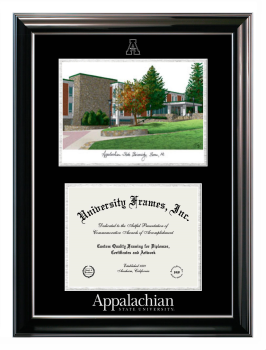 Appalachian State University Double Opening with Campus Image (Stacked) Frame in Classic Ebony with Silver Trim with Black & Silver Mats for document: 8 1/2"h x 11"w  