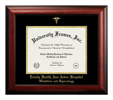 Trinity Health Ann Arbor Hospital Obstetrics and Gynecology Diploma Frame in Satin Mahogany with Black & Gold Mats for document: 8 1/2"h x 11"w  