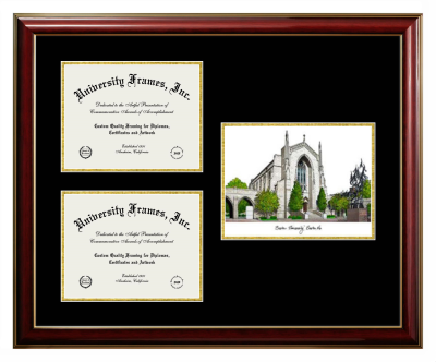 Boston University Triple Opening with Campus Image Frame in Classic Mahogany with Gold Trim with Black & Gold Mats for document: 8 1/2"h x 11"w  , document: 8 1/2"h x 11"w  