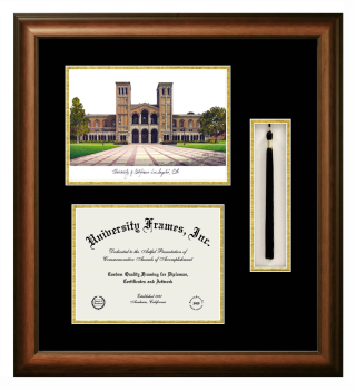 University of California Los Angeles Double Opening with Campus Image & Tassel Box (Stacked) Frame in Satin Walnut with Black & Gold Mats for document: 8 1/2"h x 11"w  