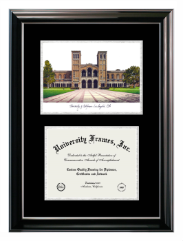 University of California Los Angeles School of Law Double Opening with Campus Image (Stacked) Frame in Classic Ebony with Silver Trim with Black & Silver Mats for document: 8 1/2"h x 11"w  