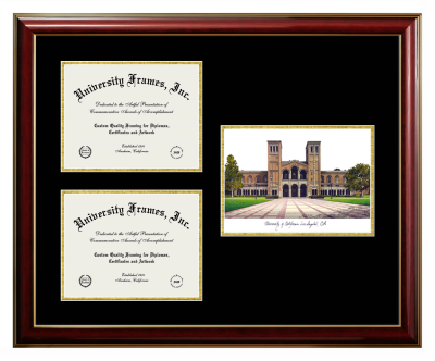 University of California Los Angeles School of Law Triple Opening with Campus Image Frame in Classic Mahogany with Gold Trim with Black & Gold Mats for document: 8 1/2"h x 11"w  , document: 8 1/2"h x 11"w  