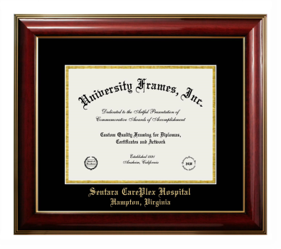Sentara CarePlex Hospital Diploma Frame in Classic Mahogany with Gold Trim with Black & Gold Mats for document: 8 1/2"h x 11"w  