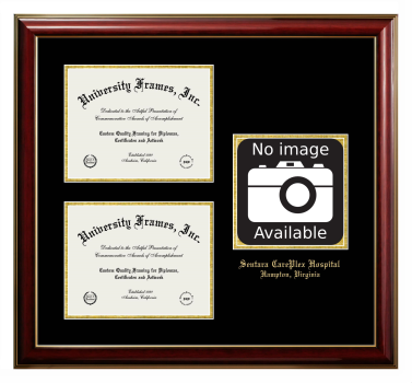 Sentara CarePlex Hospital Triple Opening with Campus Image Frame in Classic Mahogany with Gold Trim with Black & Gold Mats for document: 8 1/2"h x 11"w  , document: 8 1/2"h x 11"w  