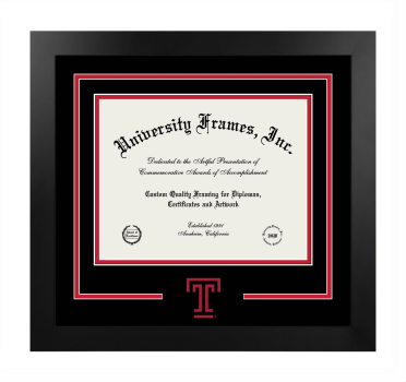 Temple University Logo Mat Frame in Manhattan Black with Black & Red Mats for document: 8 1/2"h x 11"w  