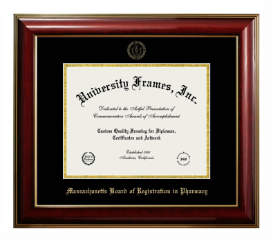 Massachusetts Board of Registration in Pharmacy Diploma Frame in Classic Mahogany with Gold Trim with Black & Gold Mats for document: 8 1/2"h x 11"w  