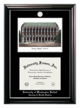 University of Washington Bothell Nursing & Health Studies Double Opening with Campus Image (Stacked) Frame in Classic Ebony with Silver Trim with Black & Silver Mats for document: 8 1/2"h x 11"w  