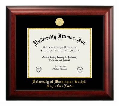 University of Washington Bothell Magna Cum Laude Diploma Frame in Satin Mahogany with Black & Gold Mats for document: 8 1/2"h x 11"w  