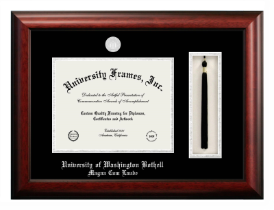 University of Washington Bothell Magna Cum Laude Diploma with Tassel Box Frame in Satin Mahogany with Black & Silver Mats for document: 8 1/2"h x 11"w  