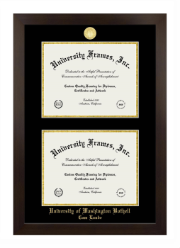 University of Washington Bothell Cum Laude Double Diploma Frame in Manhattan Espresso with Black & Gold Mats for document: 8 1/2"h x 11"w  , document: 8 1/2"h x 11"w  