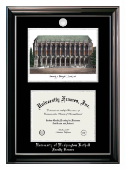 University of Washington Bothell Faculty Honors Double Opening with Campus Image (Stacked) Frame in Classic Ebony with Silver Trim with Black & Silver Mats for document: 8 1/2"h x 11"w  