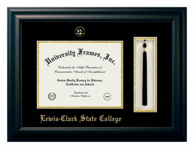 Lewis-Clark State College Diploma with Tassel Box Frame in Satin Black with Black & Gold Mats for document: 8 1/2"h x 11"w  