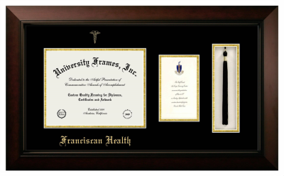 Franciscan Health Diploma with Announcement & Tassel Box Frame in Legacy Black Cherry with Black & Gold Mats for document: 8 1/2"h x 11"w  , diploma: 7"h x 4"w  