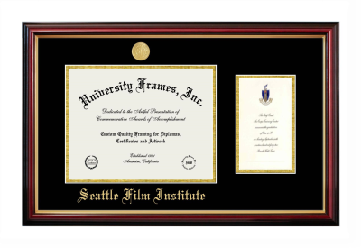 Seattle Film Institute Diploma with Announcement Frame in Petite Mahogany with Gold Trim with Black & Gold Mats for document: 8 1/2"h x 11"w  , diploma: 7"h x 4"w  