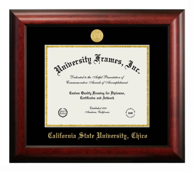 California State University, Chico Diploma Frame in Satin Mahogany with Black & Gold Mats for document: 8 1/2"h x 11"w  