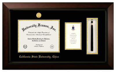 California State University, Chico Diploma with Announcement & Tassel Box Frame in Legacy Black Cherry with Black & Gold Mats for document: 8 1/2"h x 11"w  , diploma: 7"h x 4"w  