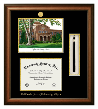 California State University, Chico Double Opening with Campus Image & Tassel Box (Stacked) Frame in Satin Walnut with Black & Gold Mats for document: 8 1/2"h x 11"w  