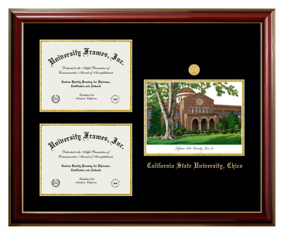 California State University, Chico Triple Opening with Campus Image Frame in Classic Mahogany with Gold Trim with Black & Gold Mats for document: 8 1/2"h x 11"w  , document: 8 1/2"h x 11"w  