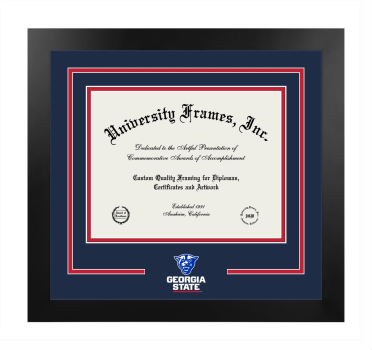 Georgia State University Logo Mat Frame in Manhattan Black with Navy Blue & Red Mats for document: 8 1/2"h x 11"w  