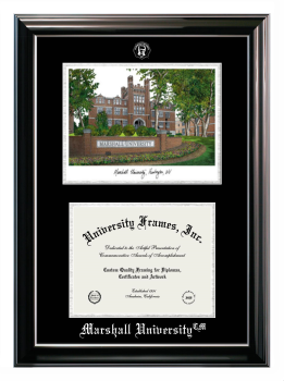 Marshall University Double Opening with Campus Image (Stacked) Frame in Classic Ebony with Silver Trim with Black & Silver Mats for document: 8 1/2"h x 11"w  