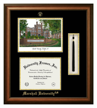 Marshall University Double Opening with Campus Image & Tassel Box (Stacked) Frame in Satin Walnut with Black & Gold Mats for document: 8 1/2"h x 11"w  
