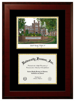 Marshall University Double Opening with Campus Image (Unimprinted Mat) Frame in Honors Mahogany with Black & Gold Mats for document: 8 1/2"h x 11"w  