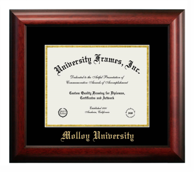 Molloy University Diploma Frame in Satin Mahogany with Black & Gold Mats for document: 8 1/2"h x 11"w  