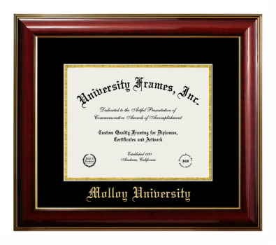 Molloy University Diploma Frame in Classic Mahogany with Gold Trim with Black & Gold Mats for document: 8 1/2"h x 11"w  