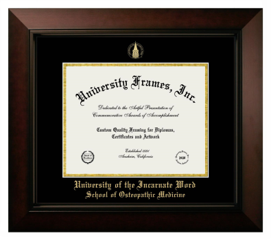 University of the Incarnate Word School of Osteopathic Medicine Diploma Frame in Legacy Black Cherry with Black & Gold Mats for document: 8 1/2"h x 11"w  