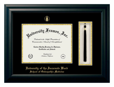 University of the Incarnate Word School of Osteopathic Medicine Diploma with Tassel Box Frame in Satin Black with Black & Gold Mats for document: 8 1/2"h x 11"w  