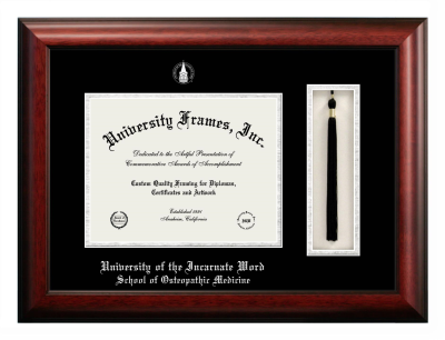University of the Incarnate Word School of Osteopathic Medicine Diploma with Tassel Box Frame in Satin Mahogany with Black & Silver Mats for document: 8 1/2"h x 11"w  