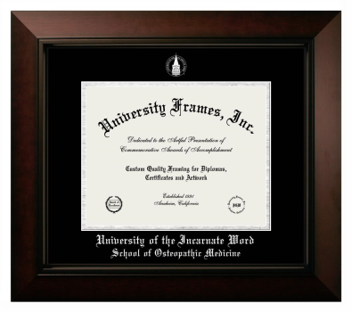 University of the Incarnate Word School of Osteopathic Medicine Diploma Frame in Legacy Black Cherry with Black & Silver Mats for document: 8 1/2"h x 11"w  