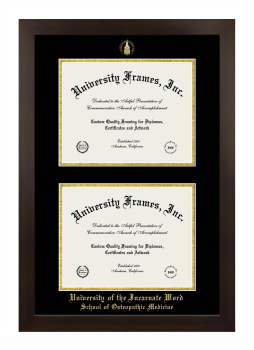 University of the Incarnate Word School of Osteopathic Medicine Double Diploma Frame in Manhattan Espresso with Black & Gold Mats for document: 8 1/2"h x 11"w  , document: 8 1/2"h x 11"w  