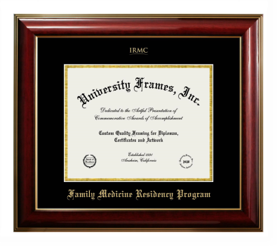 IRMC Family Medicine Residency Program Diploma Frame in Classic Mahogany with Gold Trim with Black & Gold Mats for document: 8 1/2"h x 11"w  