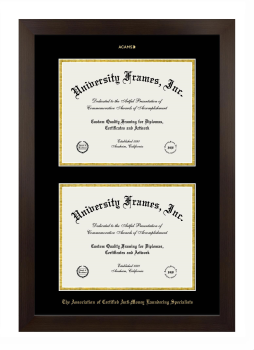 Association of Certified Anti-Money Laundering Specialists Double Diploma Frame in Manhattan Espresso with Black & Gold Mats for document: 8 1/2"h x 11"w  , document: 8 1/2"h x 11"w  