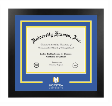 Hofstra University Logo Mat Frame in Manhattan Black with Royal Blue & Yellow Mats for document: 8 1/2"h x 11"w  