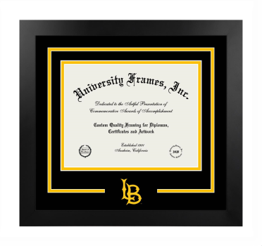 California State University, Long Beach Logo Mat Frame in Manhattan Black with Black & Amber Mats for document: 8 1/2"h x 11"w  