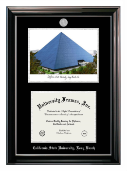 California State University, Long Beach Double Opening with Campus Image (Stacked) Frame in Classic Ebony with Silver Trim with Black & Silver Mats for document: 8 1/2"h x 11"w  