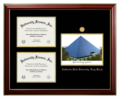 California State University, Long Beach Triple Opening with Campus Image Frame in Classic Mahogany with Gold Trim with Black & Gold Mats for document: 8 1/2"h x 11"w  , document: 8 1/2"h x 11"w  