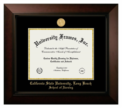 California State University, Long Beach School of Nursing Diploma Frame in Legacy Black Cherry with Black & Gold Mats for document: 8 1/2"h x 11"w  