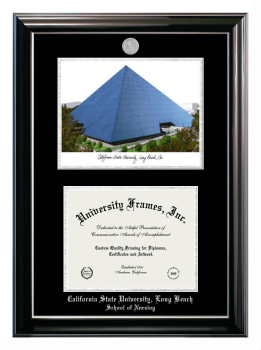 California State University, Long Beach School of Nursing Double Opening with Campus Image (Stacked) Frame in Classic Ebony with Silver Trim with Black & Silver Mats for document: 8 1/2"h x 11"w  