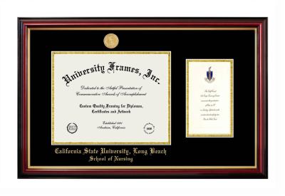 California State University, Long Beach School of Nursing Diploma with Announcement Frame in Petite Mahogany with Gold Trim with Black & Gold Mats for document: 8 1/2"h x 11"w  , diploma: 7"h x 4"w  