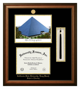 California State University, Long Beach School of Nursing Double Opening with Campus Image & Tassel Box (Stacked) Frame in Satin Walnut with Black & Gold Mats for document: 8 1/2"h x 11"w  