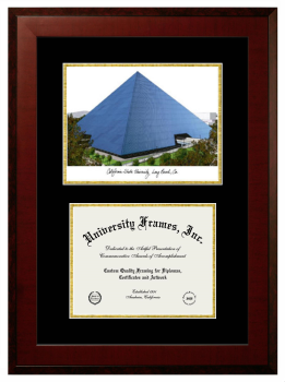 California State University, Long Beach School of Nursing Double Opening with Campus Image (Unimprinted Mat) Frame in Honors Mahogany with Black & Gold Mats for document: 8 1/2"h x 11"w  