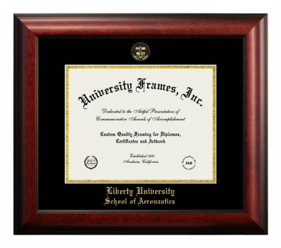 Liberty University School of Aeronautics Diploma Frame in Satin Mahogany with Black & Gold Mats for document: 8 1/2"h x 11"w  