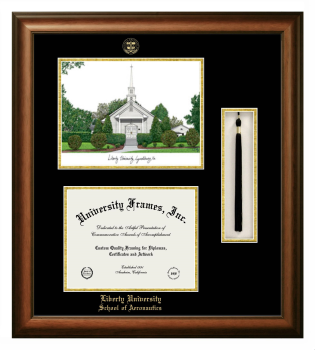 Liberty University School of Aeronautics Double Opening with Campus Image & Tassel Box (Stacked) Frame in Satin Walnut with Black & Gold Mats for document: 8 1/2"h x 11"w  